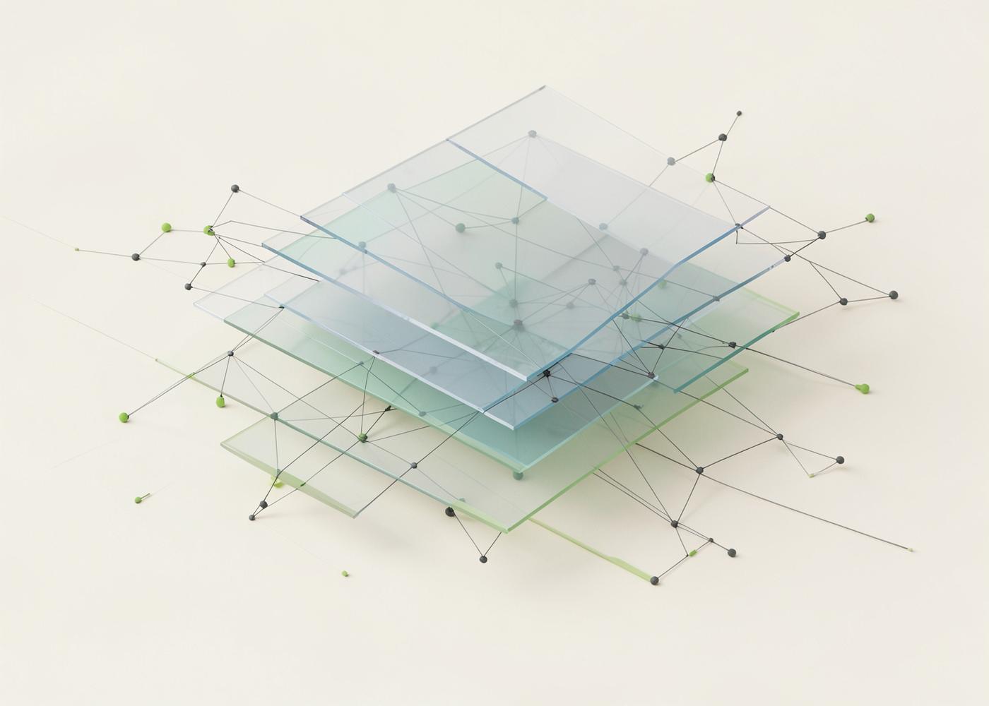 Abstract render of layered translucent panels connected by a network of nodes and lines