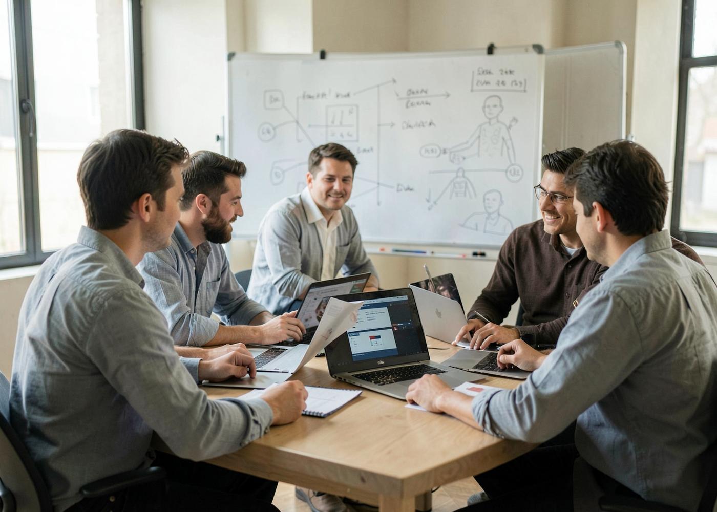 People working together with laptops at a table in front of a whiteboard covered in diagrams